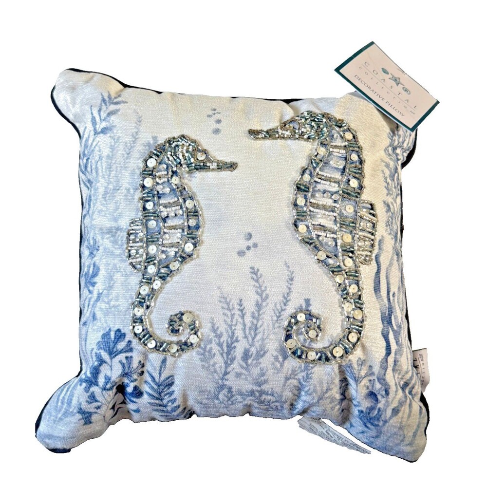 Coastal Collection Seahorse Beaded Throw Pillow Decor Beach Ocean Blue 12”X 12”